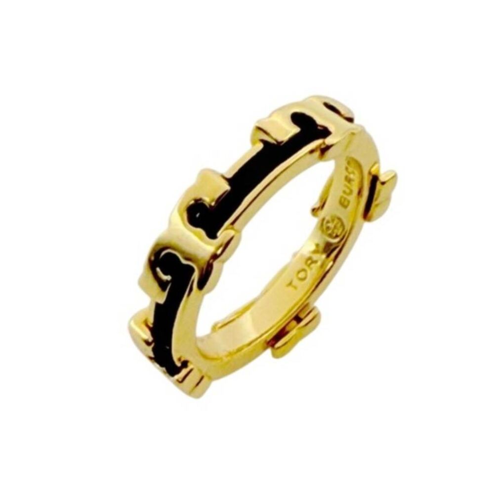 TORY BURCH Serif  T Logo Black Enamel Stackable Ring Size 7